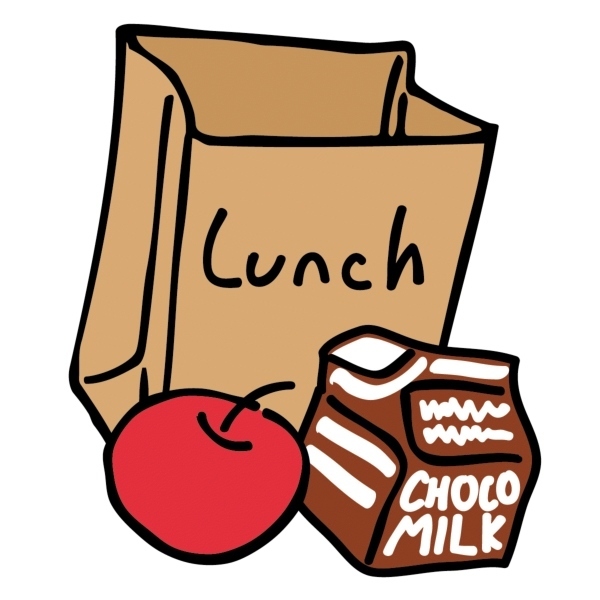 Paper bag that says "lunch", apple and chocolate milk