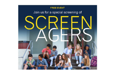 Teenagers looking at phones with, "Free Event. Join us for a special screening of screenagers"