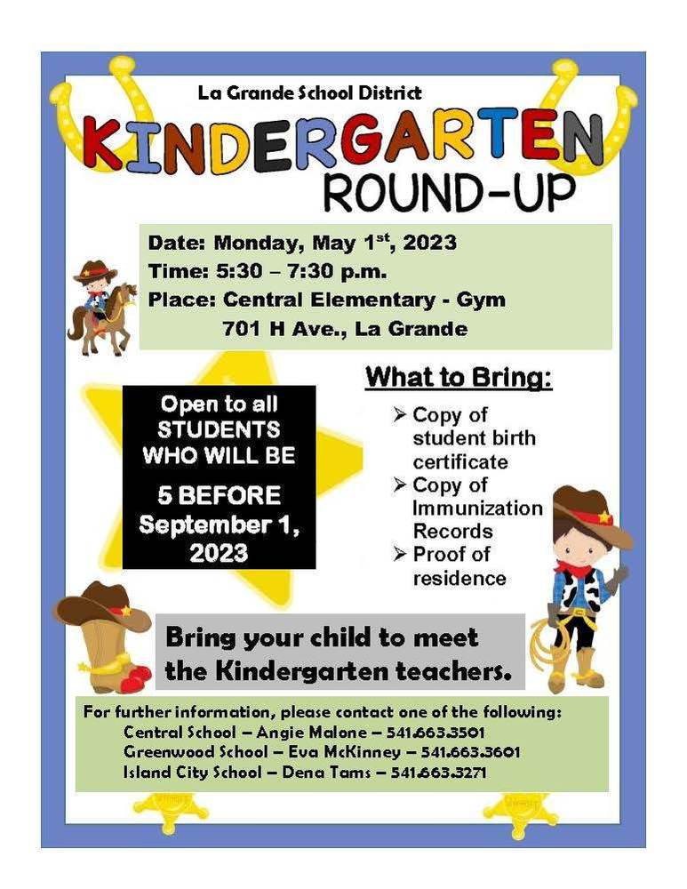 LGSD Kindergarten Roundup info for what to bring to roundup with pictures of cowboys
