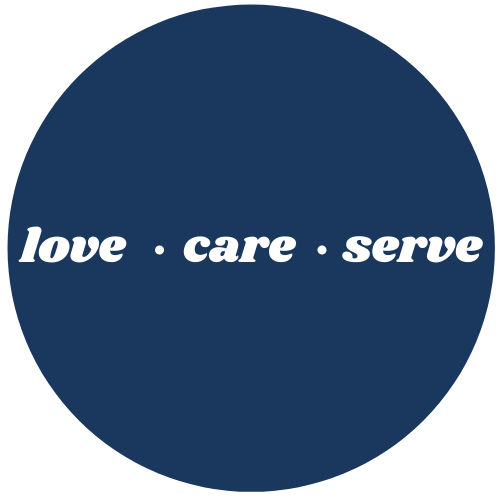Navy blue circle with Love, Care, Serve
