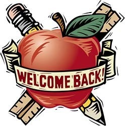 Welcome Back logo with apple and pencil