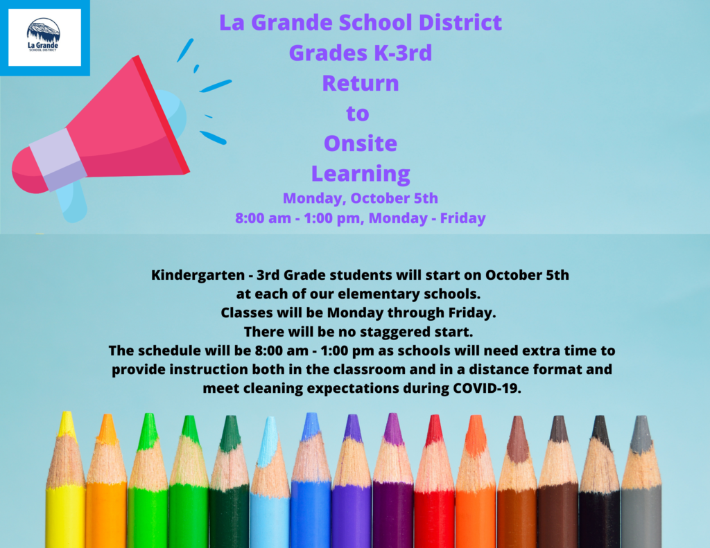 K-3rd grades will learn onsite beginning October 5th from 8-1 pm, Monday through Friday