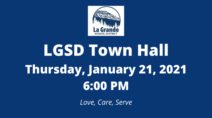 LGSD logo with Mt Emily and "LGSD Town Hall. Thursday, January 21, 2021, 6:00 PM. Love, Care, Serve.