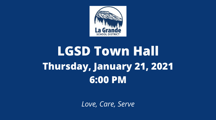 LGSD logo with Mt Emily and "LGSD Town Hall. Thursday, January 21, 2021, 6:00 PM. Love, Care, Serve.