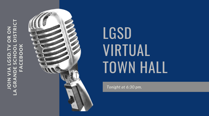 LGSD Virtual Town Hall Tonight at 6:30 pm. Connect via La Grande School District Facebook or LGSD.tv.  Image with old radio microphone.