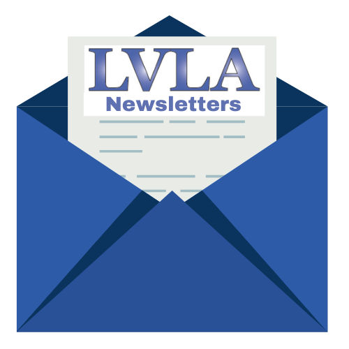 LVLA Newsletters on a piece of paper in a blue envelope.