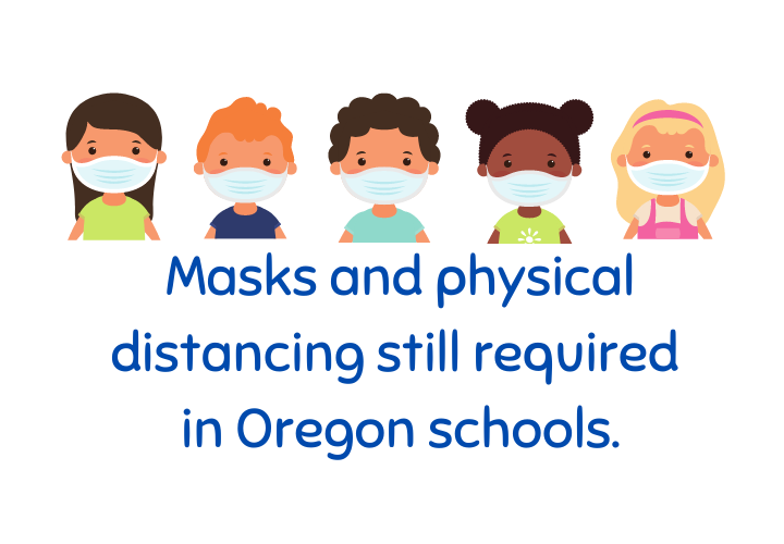 Children in masks and states, "masks and physical distancing still required in Oregon schools."