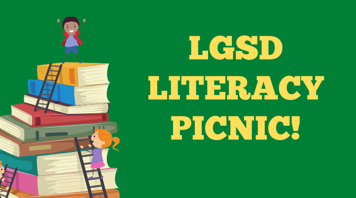 Kids climbing up stack of books with, "LGSD Literacy Picnic!"