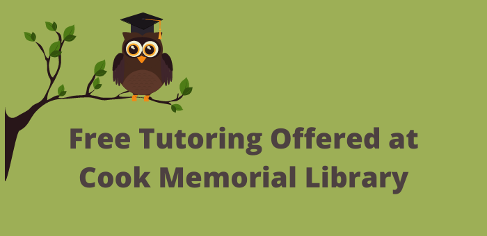 Owl on a tree branch with a graduation hat on. "Free Tutoring Offered at Cook Memorial Library"
