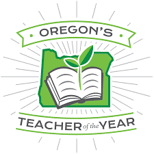 Oregon's Teacher of the Year with a sprout coming outof a book and the State of Oregon in the background