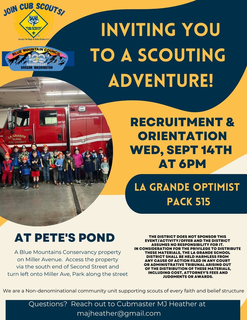 Inviting you to a scouting adventure, picture of kids in front of a fire truck, recruitment and orientation wednesday September 14th at 6 PM at Pete' s Pond. Questions REach out to Cubmaster MJ Heather at majheather@gmail.com