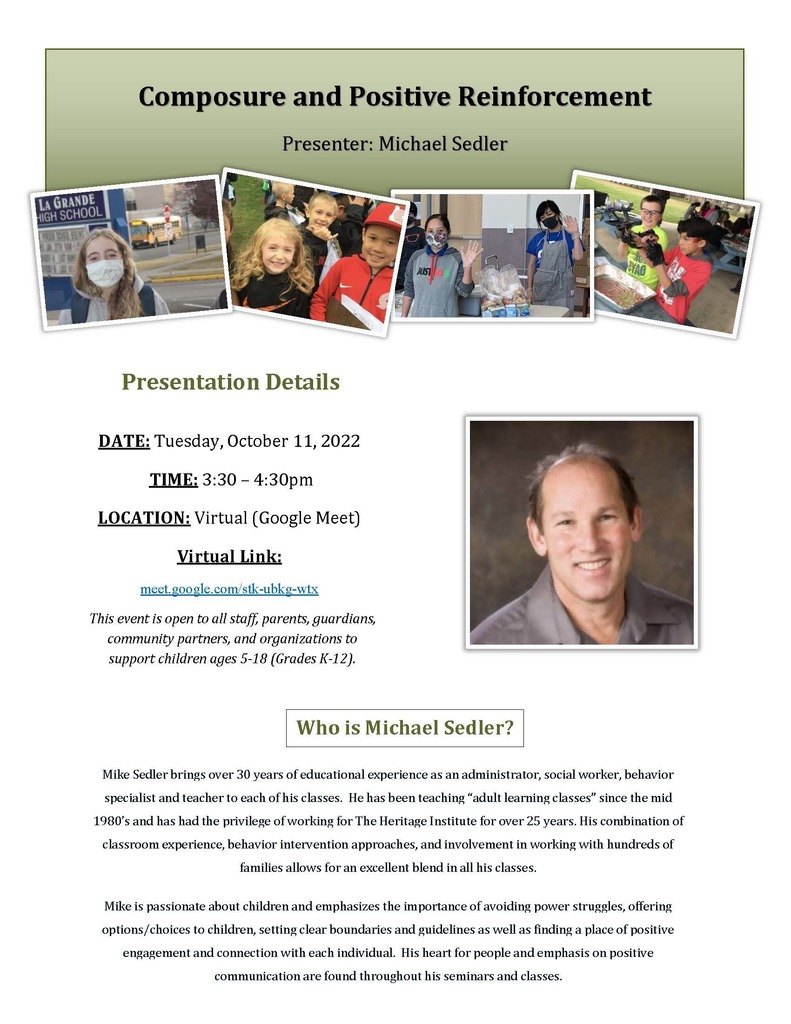 Composure adn Positive Reinforcement presented by Michael Sedler on Tuesday October 11, 2022 from 3:30 to 4:30 PM via google meet at meet.google.com/stk-ubkg-wtx
