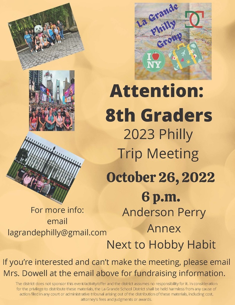 Attention 8th Graders: 2023 Philly Trip Meeting, October 26, 2022 at 6 PM. Meet at Anderson Perry Annex next to Hobby Habit. If you're interested and can't make the meeting, please email Mrs. Dowell for fundraising information. lagrandephilly@gmail.com