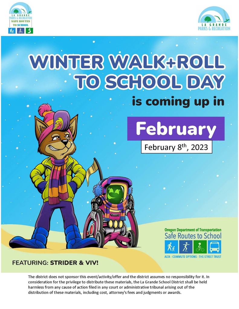 The Winter Walk and Roll to School Day will be February 8, 2023! Image of a dog in winter clothes and a robot in a wheelchair with a scarf. 