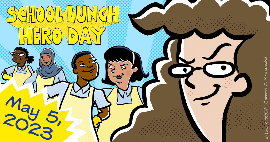 School lunch hero day May 5, 2023 with picture of 5 lunch cooks