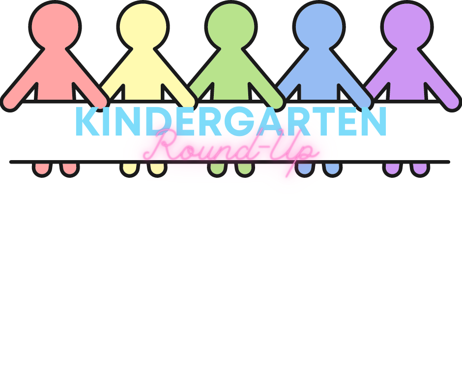 Colored cut-outs of school children with Kindergarten Round-Up