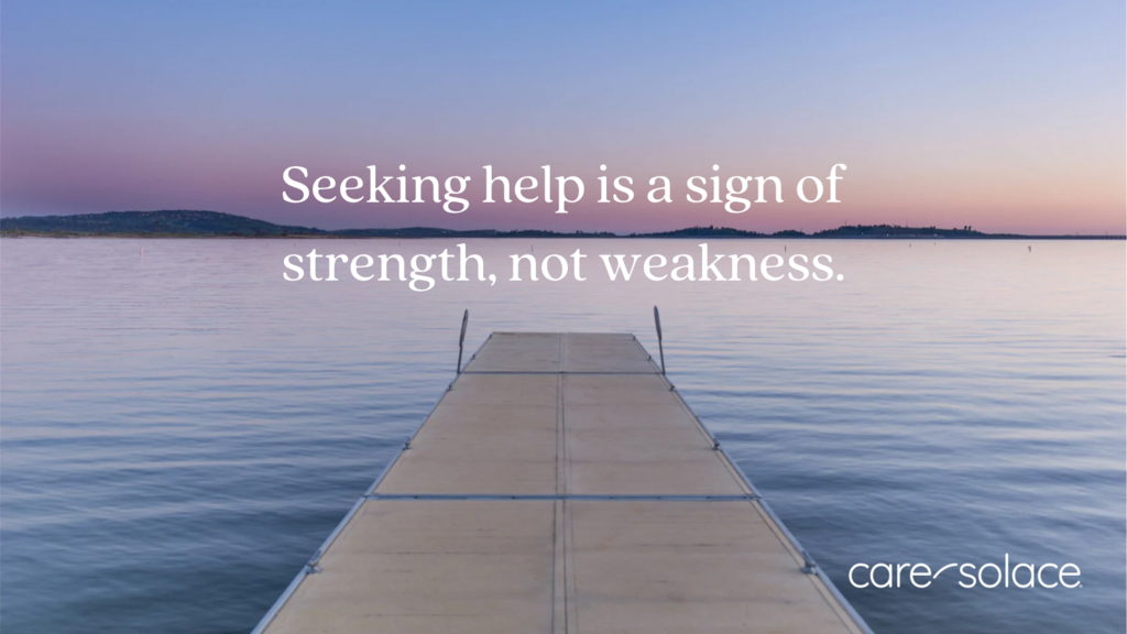 picture of dock in a lake and words that say: Seeking help is a sign of strength, not weakness.