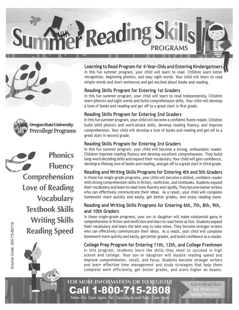 Summer Reading Skills Flyer-details on offered classes and contact information