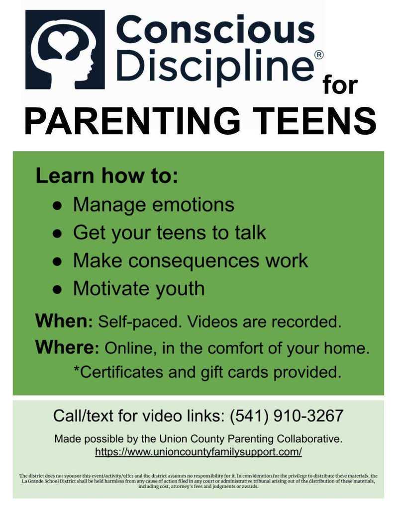 Conscious Disciple for parenting teens. Call 541-910-3267 for info