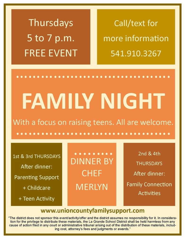 Family Night with a focus on raising teens, Thursdays from 5 to 7 PM. Call 541-910-3267 for information.