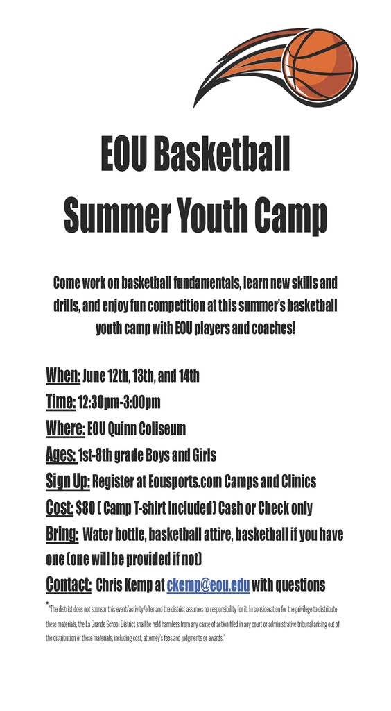 EOU Basketball Summer Youth Camp June  12-14, 2023. Email Chris Kemp at ckemp@eou.edu for questions.