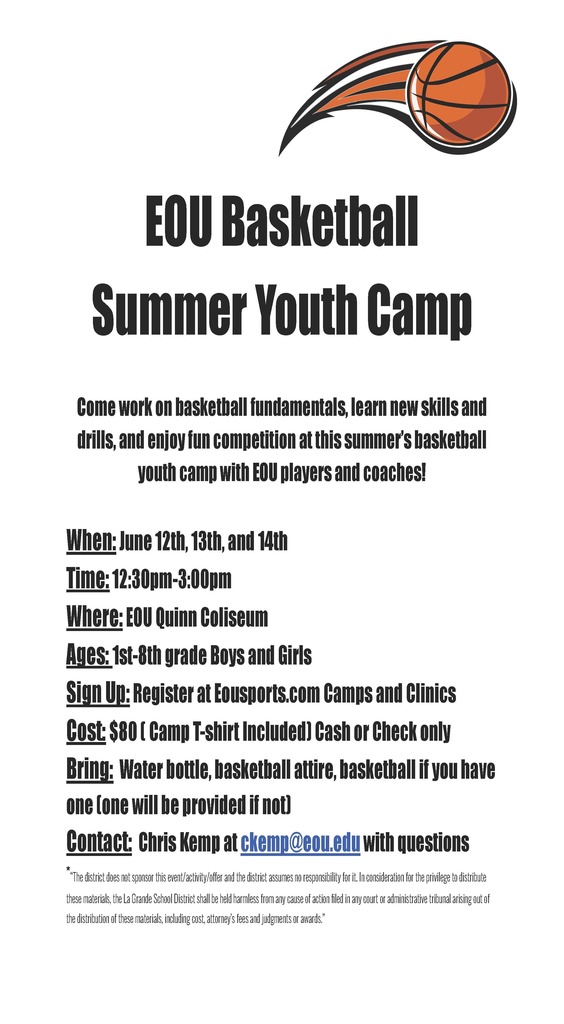 EOU Basketball Summer Youth Camp June 12-14, 2023. Email Chris Kemp at ckemp@eou.edu for questions.