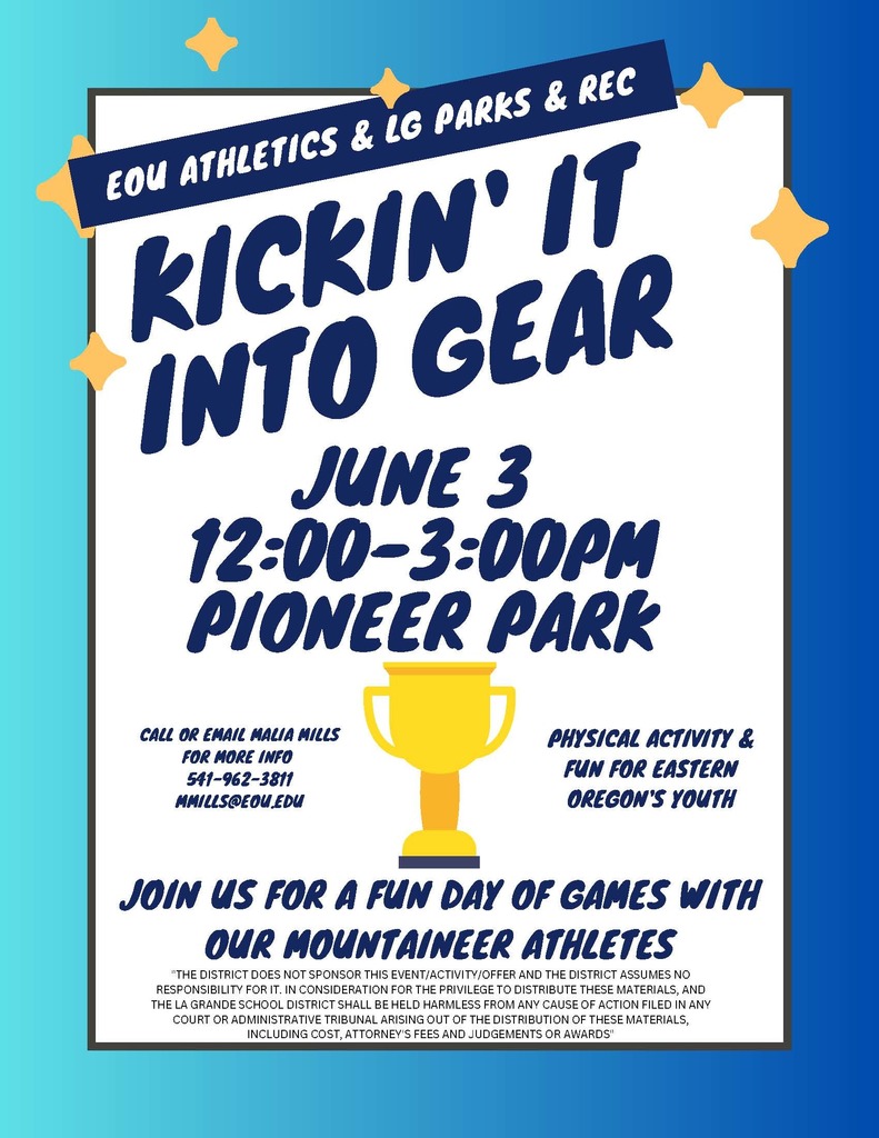 Kickin' It Into Gear-June 3, 2023 from 12:00 PM to 3:00 PM at Pioneer Park. Enjoy a fund day of games with EOU Athletes. For more info call 541-962-3811