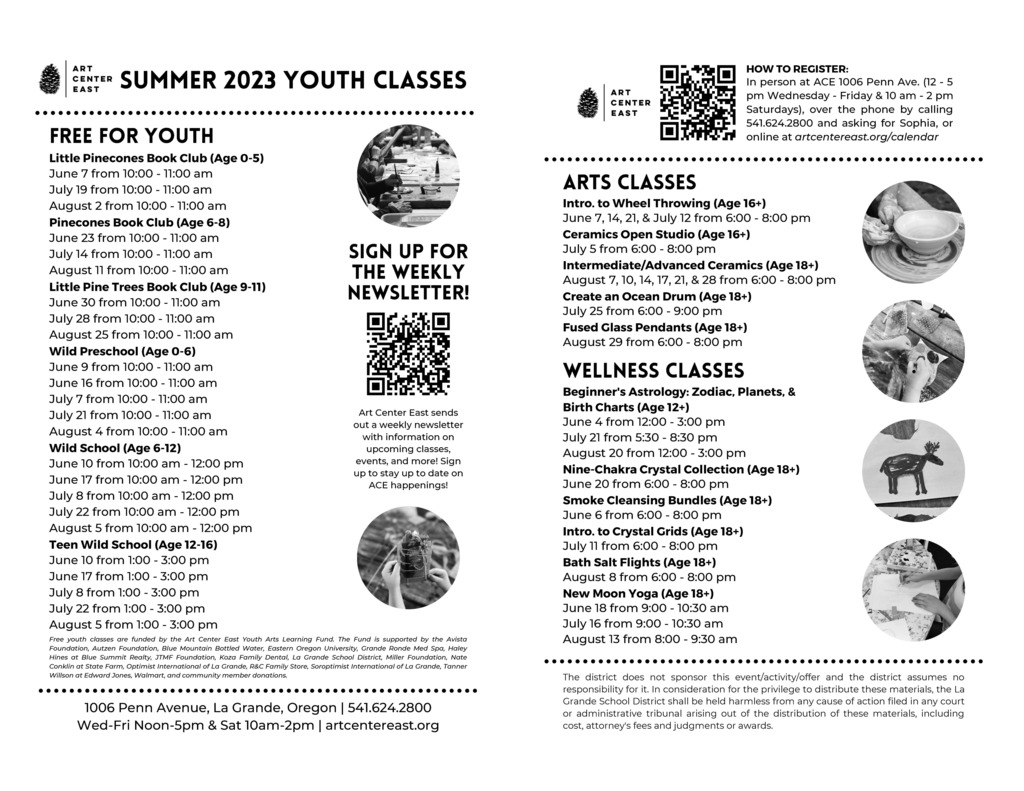 Summer 2023 Youth Classes through Art Center East are now posted. Please contact 541-624-2800 for more information!