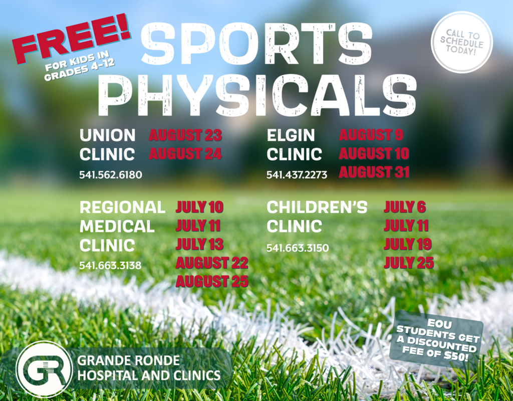 Free Sports Physicals for students grades 4-12. Contact 541-663-3138 for more details.
