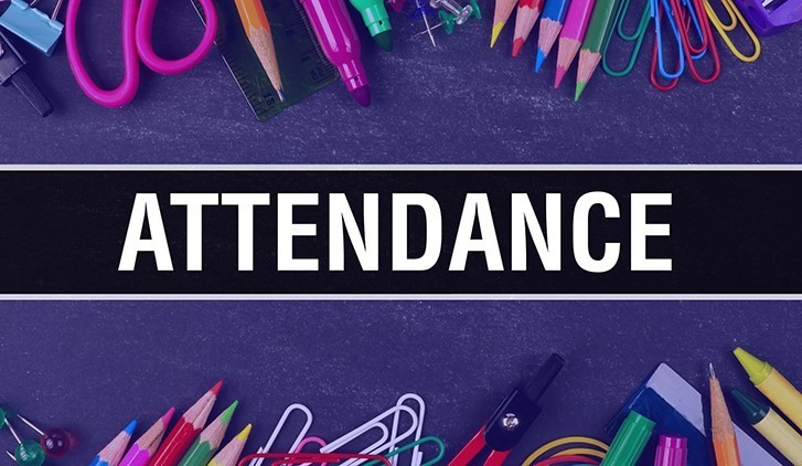 The word Attendance with school supplies surrounding the text