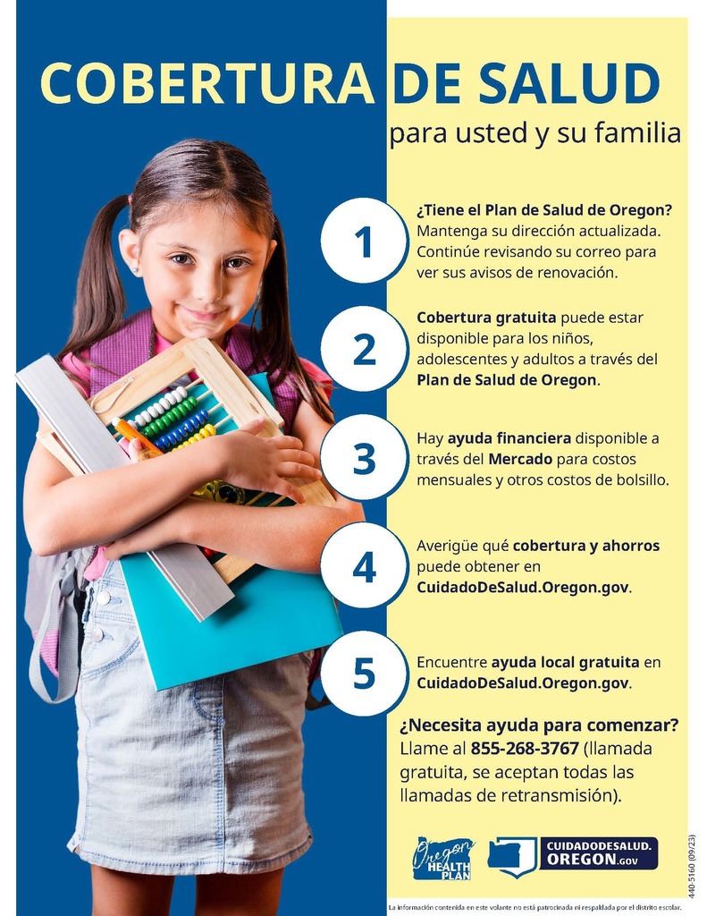 Spanish version of Health Coverage for you and your family. photo of girl holding school supplies