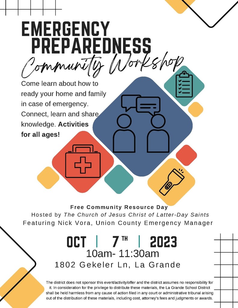 Flyer with images of first aid kit, flashlight clipboard and two people speaking