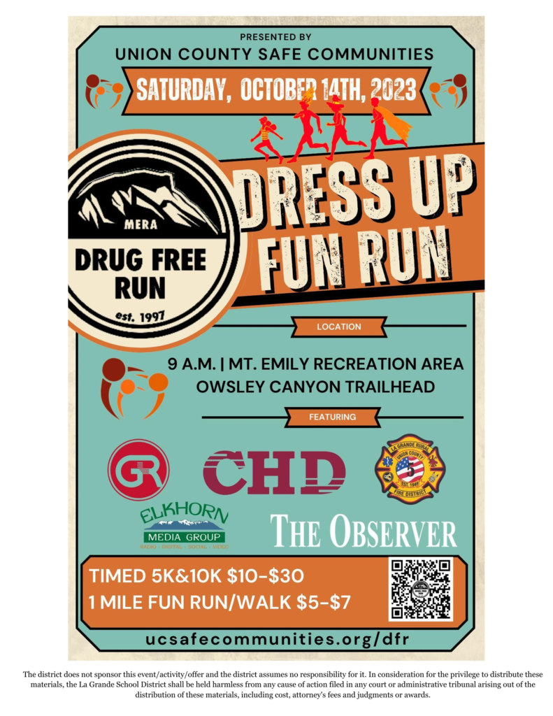 poster for Union County Safe Communities Dress Up Fun Run, images of people running and logos from sponsers