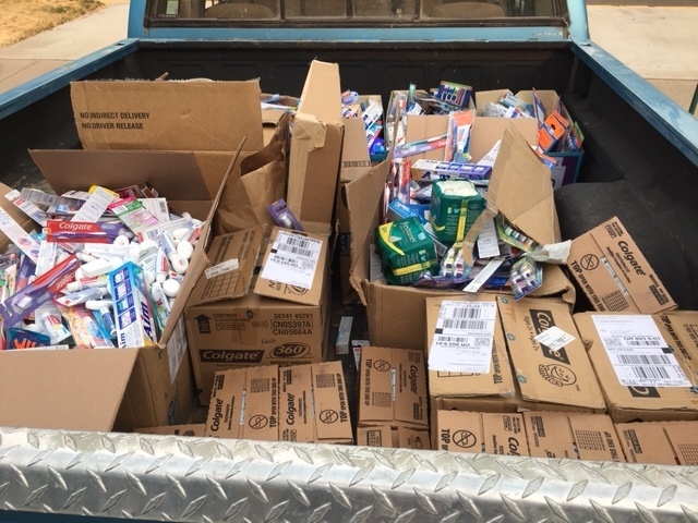 Truck filled with hygiene products.